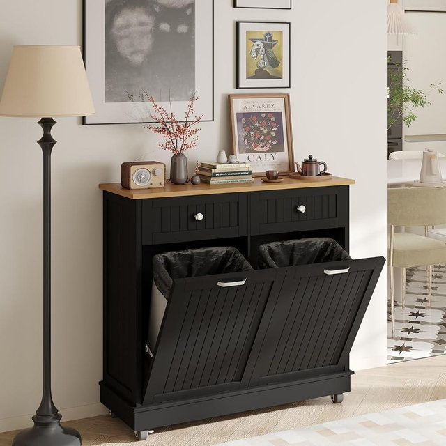 JassmiPkwy Tilt Out Trash Can Cabinet for 20 Gallons, Double Garbage Recycling Cabinet with Power Outlets, Trash Recycling Compost on Wheels, with 2 Drawers, Wooden, Dog Proof, Black