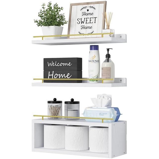 WOPITUES Floating Shelves for Wall with Cube Shelf, Wall Shelves with Metal Rail for Bathroom Decor, Bathroom Organizers and Storage, Over Toilet Bathroom Shelves for Bathroom, Toilet Paper-White&Gold