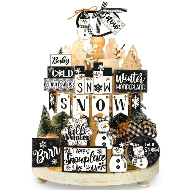 24 Pcs Winter Tiered Tray Decor Set Winter Tiered Decorations Snowman Wooden Signs Snowflakes Table Centerpieces Without Tray Black White Farmhouse Frosty Snow Themed for Home Table