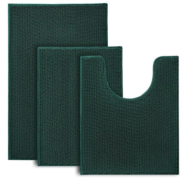 Urvoix Bathroom Rugs Sets 3 Piece, Non-Slip Chenille Bath Rug - Ultra Soft, Washable, Super Absorbent Bath Mat for Bathroom, Toilet and Tub (Dark Green)