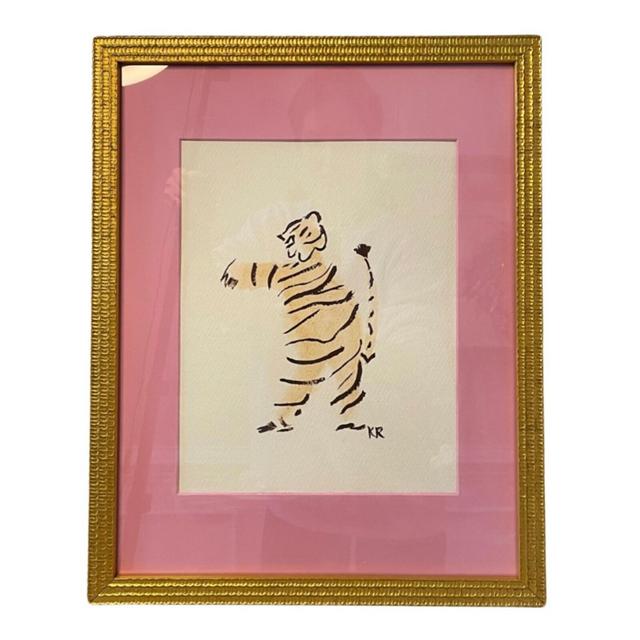 Framed Hand Painted Whimsical Tiger with Pink Mat Print