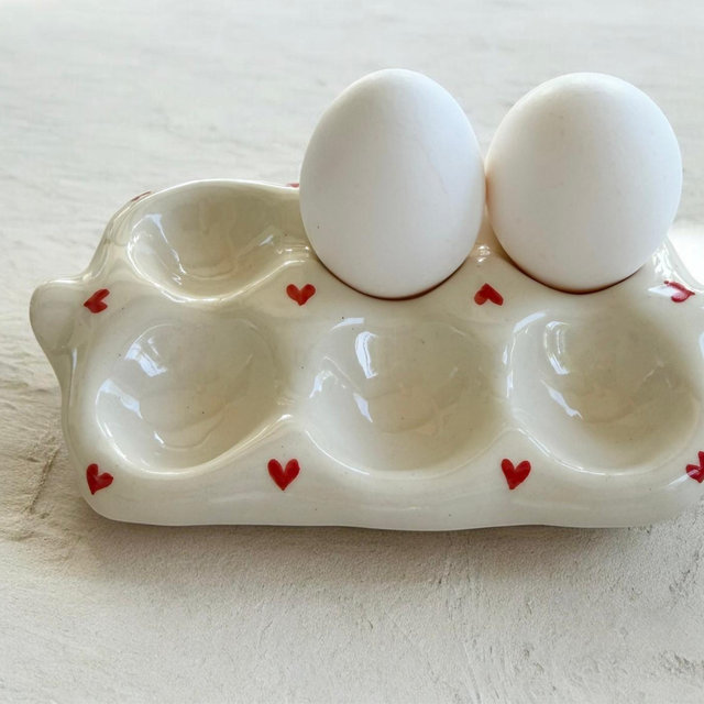 Hand-Painted Ceramic Egg Holder: 6-Egg Stoneware Tray with Hearts – Farmhouse Kitchen Decor