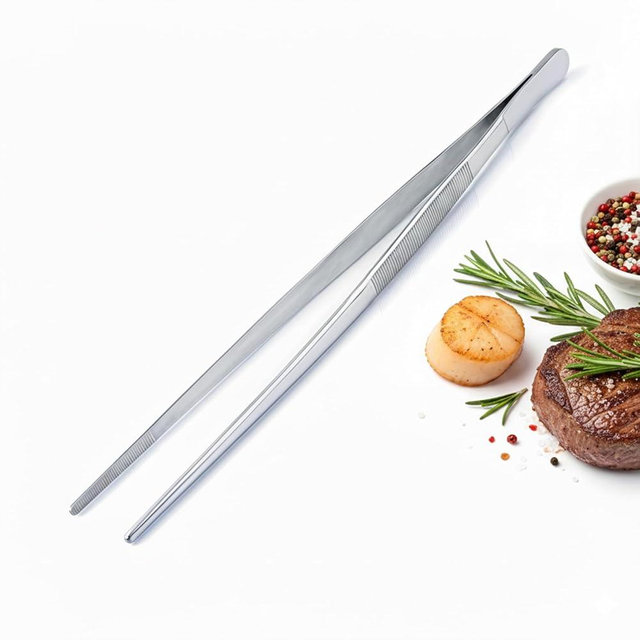 Afwqm 12 Inch Stainless Steel Precision Kitchen Tweezers - Professional Chef-Grade Food Tongs for Cooking, Plating, and Grilling - Fine Serrated Tips for Secure Grip