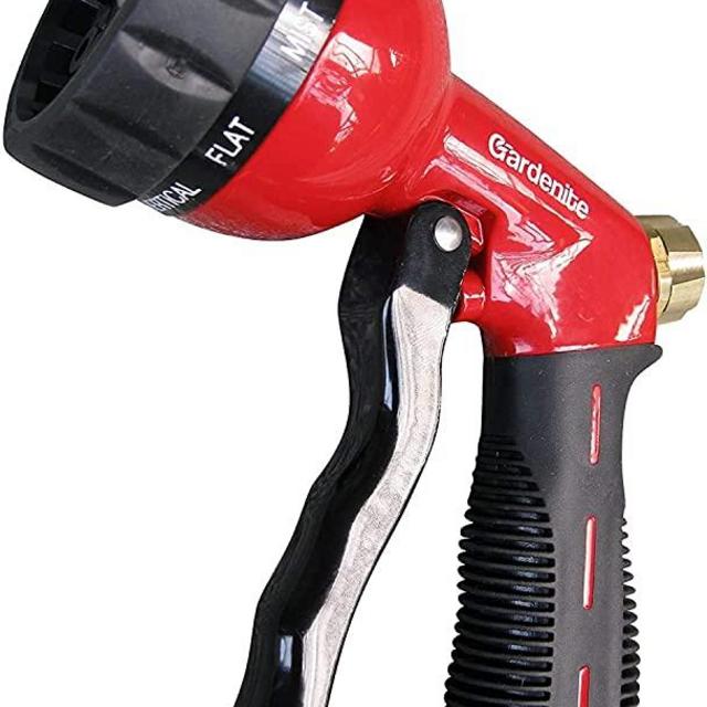 Garden Hose Nozzle / Hand Sprayer - Heavy Duty 10 Pattern Metal Watering Nozzle - High Pressure - Pistol Grip Front Trigger - Flow Control Setting Knob - Suitable for Car Wash, Cleaning, Watering Lawn and Garden - Ideal for Washing Dogs & Pets
