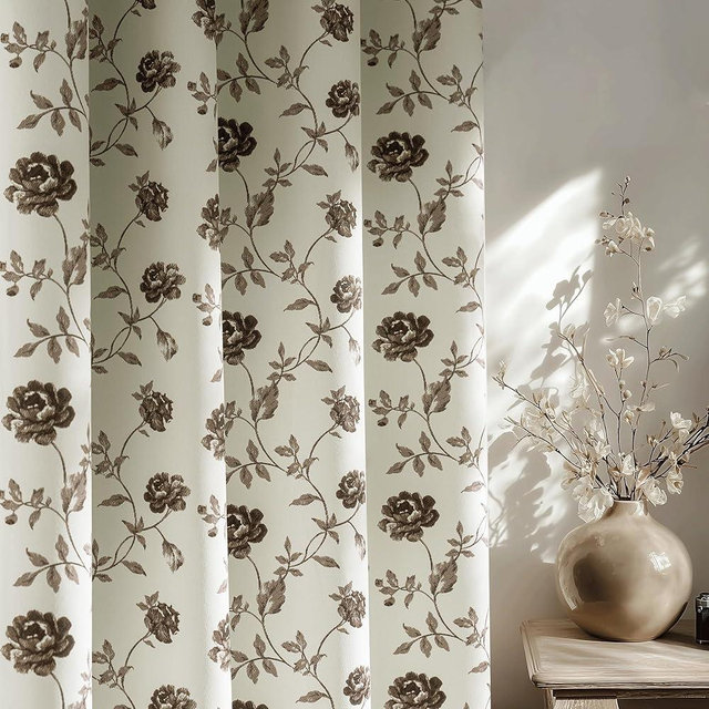 Beauoop Floral 100% Blackout Curtains 84 Inches Long 2 Panels for Bedroom Living Room Brown on Beige Vintage Rose Flower Patterned Room Darkening Thermal Soundproof Grommet Window Drapes, 52X84