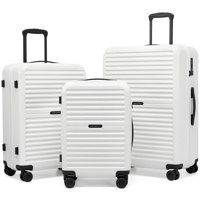 LONG VACATION Luggage Sets, PC Lightweight Suitcase with Spinner wheels, 3 Piece Luggage Set with TSA Lock, Hard shell Suitcase Set, Checked Travel Suitcase (White, 3 Piece Set)