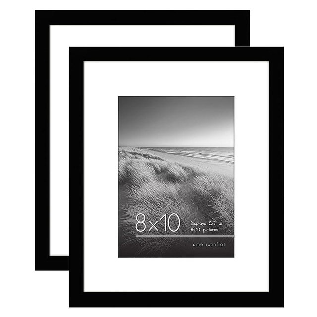Americanflat 8x10 Picture Frame in Black - 2 Pack - Use as 5x7 Picture Frame with Mat or 8x10 Frame Without Mat - Includes Sawtooth Hanging Hardware for Horizontal or Vertical Display