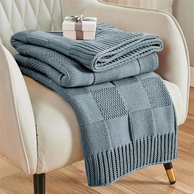 CozeCube Knit Throw Blanket, Blue Checkered Throw Blanket for Couch, Soft Cozy Warm Knitted Throw Blanket for Bed Sofa Living Room, Decorative Fall Throw Blanket 50"X60", Dusty Blue
