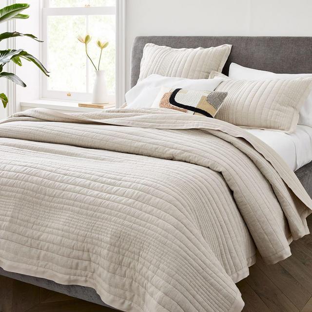 Belgian Flax Linen Linework Quilt & Standard Sham, Natural Flax, Full/Queen