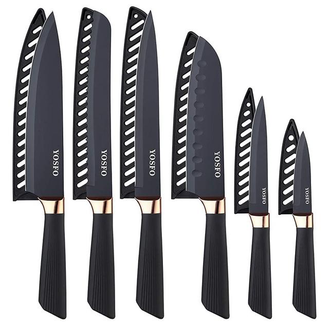 Kitchen Knife Set with Sheath, 6 Piece Stainless Steel Chef Knives Set, Includes 8'' Chef Knife, 8'' Bread Knife, 7'' Santoku Knife, 5''Utility Knife, 8” Carving Knife, and 3.5'' Paring Knife, Black