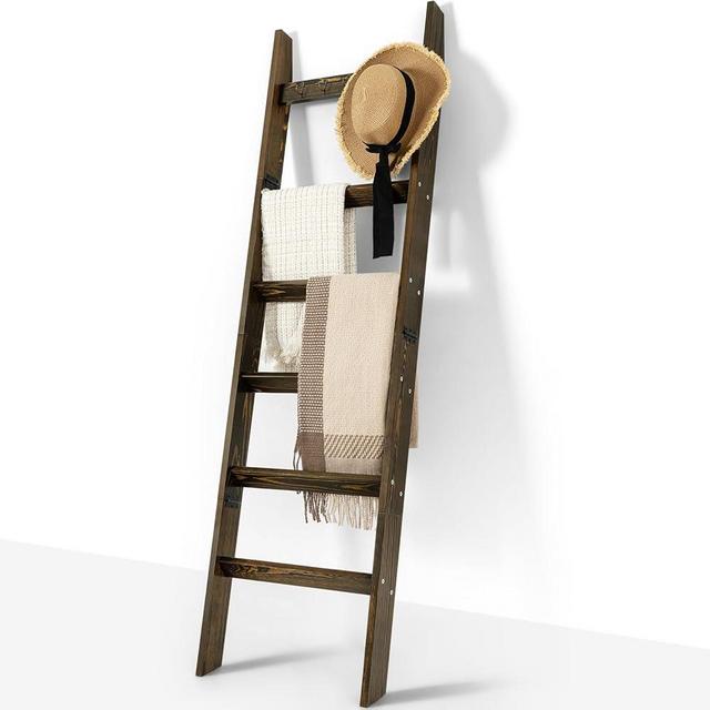 TEAKMAMA 6-Tier Blanket Ladder with Hooks, 5.4 Ft Wall Leaning Blanket Ladders for Living Room, Rustic Decorative Ladder for Blankets, Quilts, Farmhouse Decor Ladder Shelf, Easy Assembly, Rustic Brown
