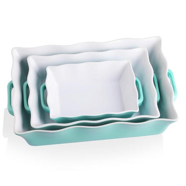 Sweejar Casserole Dishes for Oven, Ceramic Bakeware Set of 3, Rectangular Baking dish with Handles, Wave Edge Lasagna Pan Deep for Cooking, Cake, Dinner, Banquet and Daily Use (Turquoise)