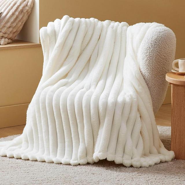 Bedsure White Throw Fleece Blanket for Couch - Super GentleSoft Cozy Blankets for Women, Cute Small Throws for Girls, 50x60 Inches, Wider Striped Design