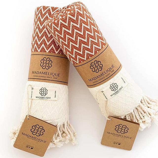 Madamelique Exclusive Hand Towels Set of 2 - 18 x 40 Inches - Decorative Bathroom Peshtemal Towel for Hand, Face, Hair, Yoga, Tea, Dishcloth, Kitchen and Bath - 100% Pure Cotton (Terracotta)