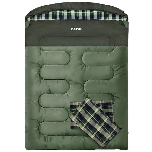 POEPORE Double Sleeping Bag Flannel for Adults with 2 Pillows 2 Person Sleeping Bags Camping XXL Queen Size Two Person Sleeping Bag for Cold Weather