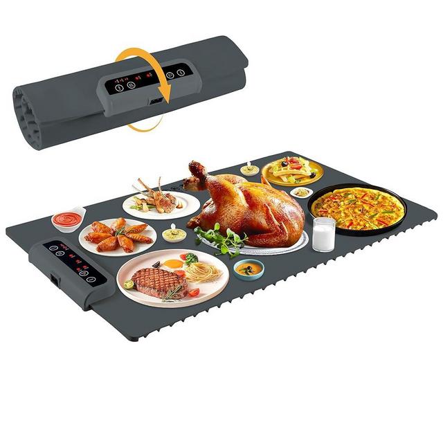 Food Warming Mat- Foldable Warming Mat for Food with Adjustable Temperature Control Time Moders Locking Function Electric Warming Tray for Parties,Home,Travel,Buffet Dark Grey