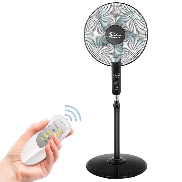 Simple Deluxe Pedestal Stand Fan with Remote Control for Indoor, Bedroom, Living Room, Home Office & College Dorm Use,3 Speed, Black, 16 Inch