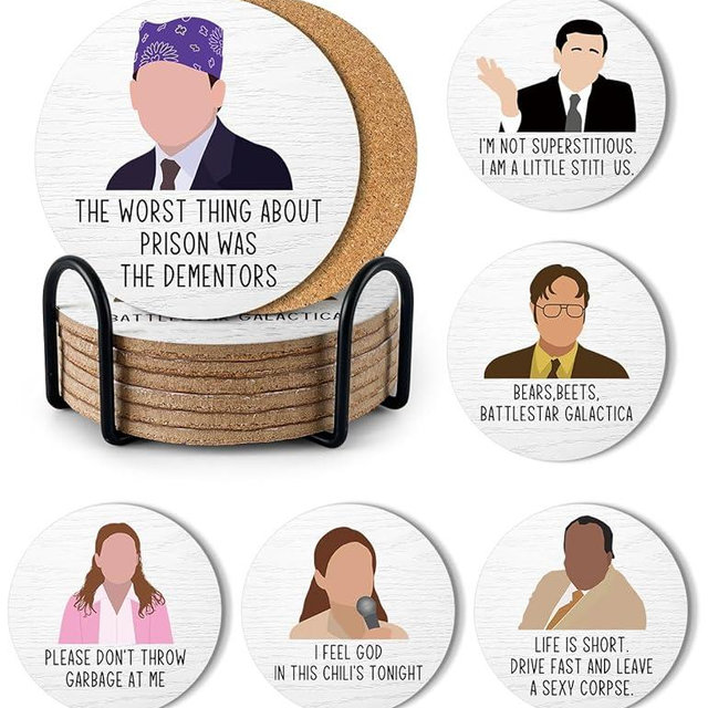 PWHINGN Funny The Office Themed Coasters for Drinks - New Girl Merchandise Coasters Set of 6 with Holder, New Girl Merch TV Show Gifts for Coffee Table, The Office Gifts for Man Women Fans