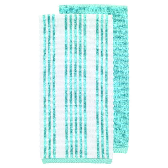 2pk Teal Solid & Stripe Waffle Terry Kitchen Towel (16"x28")- T-Fal