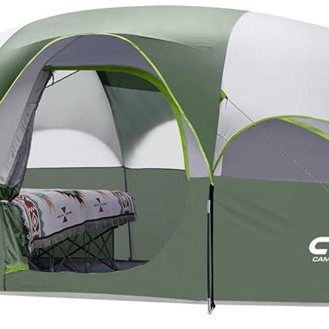 CAMPROS CP Tent 8 Person Camping Tents, Weather Resistant Family Tent, 5 Large Mesh Windows, Double Layer, Divided Curtain for Separated Room, Portable with Carry Bag
