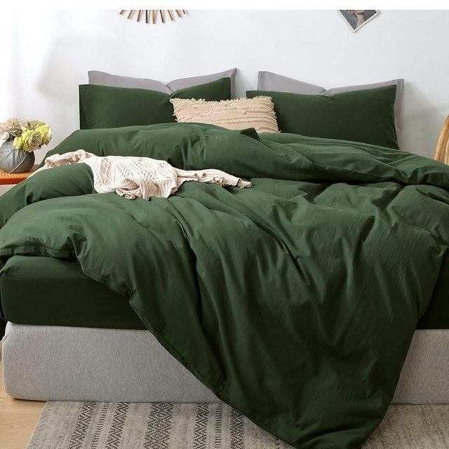 MooMee Bedding Duvet Cover Set 100% Washed Cotton Linen Like Textured Breathable Durable Soft Comfy (Forest Green, Full)