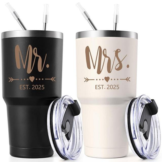 Gtmileo Mr and Mrs Gifts, Mr and Mrs EST 2025 Stainless Steel Insulated Tumbler Set, Wedding Gifts for Couples, Mr and Mrs Cups, Bridal Shower Gifts Wedding Registry Gifts(30oz, Black&Beige)