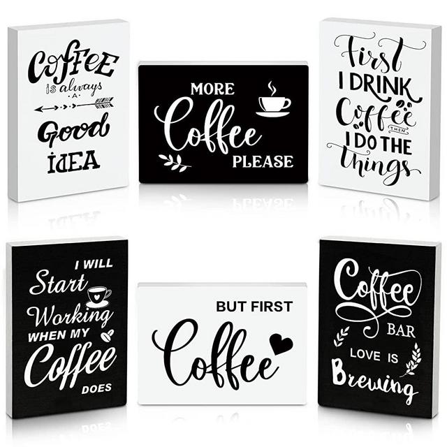 6 Pcs Wooden Mini Coffee Bar Sign Farmhouse Coffee Bar Decor Rustic But First Coffee Sign Love Is Brewing Coffee Table Sign Vintage Coffee Wood Plaque for Coffee Tiered Tray Decor Home Decorations