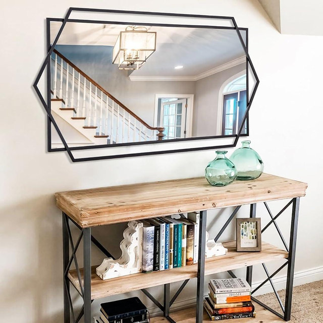 Autdot 24"x47" Large Wall Mirror for Decor, Living Room Decoraive Wall Mirror with Metal Frame, Unique Black Bathroom Mirror Vertical or Horizontal Hanging