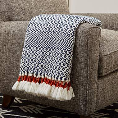 Rivet Modern Hand-Woven Stripe Fringe Throw Blanket, Soft and Stylish, 50" x 60", Navy