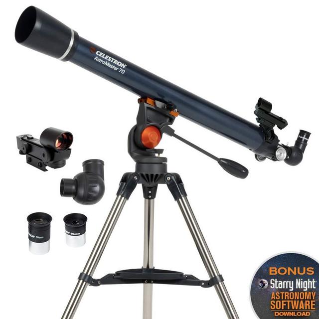 Celestron - AstroMaster 70AZ Telescope - Refractor Telescope - Fully Coated Glass Optics - Adjustable Height Tripod – BONUS Astronomy Software Package