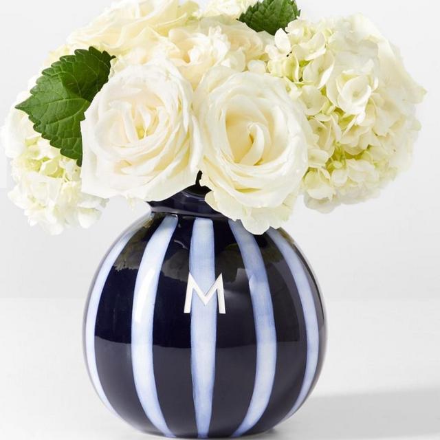 Ceramic Ruffle Vase Navy White Stripe