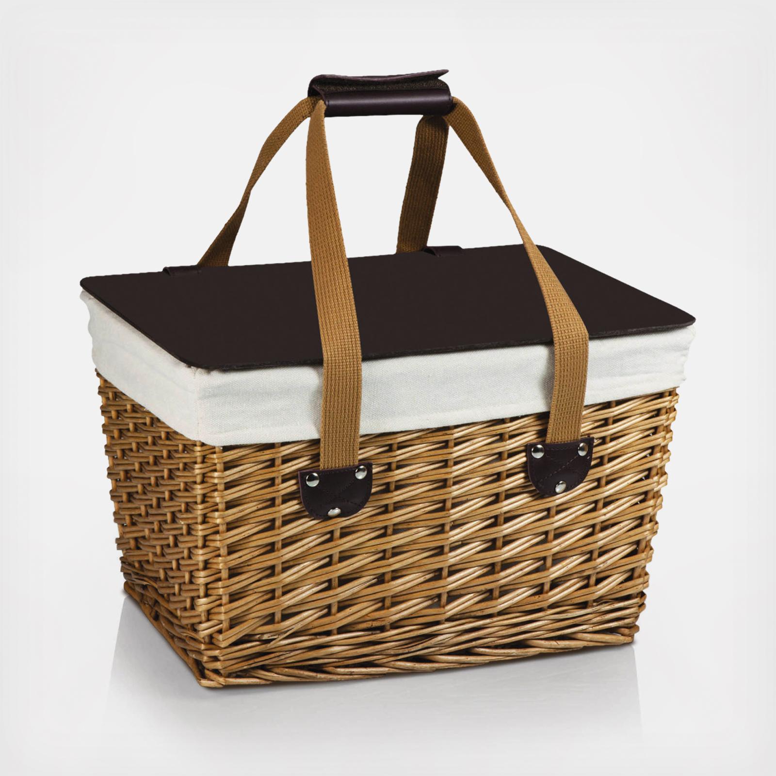 Picnic Basket Set of 2 Pieces, with Insulated Cold Storage Bag and Tableware Service Set, Wooden Lid and Handle, Wicker Picnic Basket, with Lining Aug