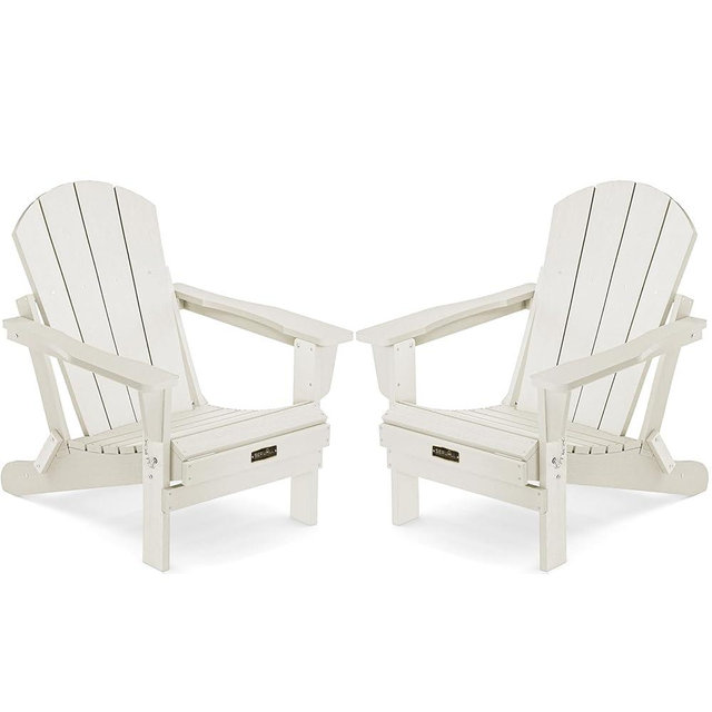 SERWALL Folding Adirondack Chair Set of 2, All Weather Patio Chair with Wood Texture, Fire Pit Chairs for Outdoor - White