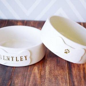 Personalized Dog Bowl - Small/Medium Size - With Name or Paw Print - Ceramic