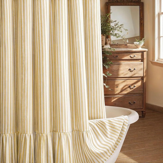 XOGUIBO Farmhouse Shower Curtain with Ruffle Hem Linen Shower Curtains for Bathroom Country Vintage Rustic Natural Fabric, Cream-Yellow Stripe 72" W x 96" L