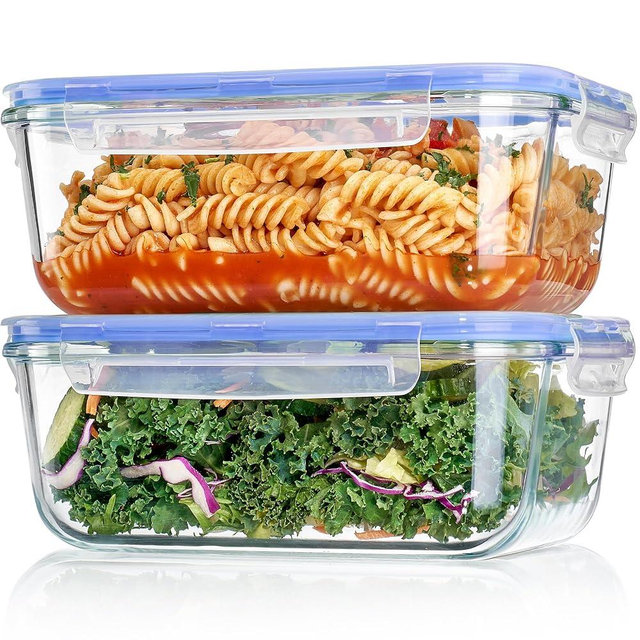Vtopmart 2Pack 1860ml/63oz Large Glass Storage Containers with Lids, Meal Prep Food Container Set with Snap Airtight Lid for Baking, Microwave, Oven, Leak Proof, for Freezer, Dishwasher, Blue
