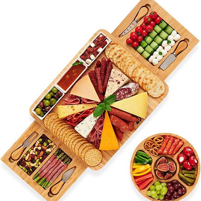 Stedware Charcuterie Cheese Board & Knife Set, Extra Large Bamboo Platter - Wooden Tray, Dishes & Plate for Serving Cheese, Wine, Meat, Appetizers - for Parties, Wedding, Housewarming Gift