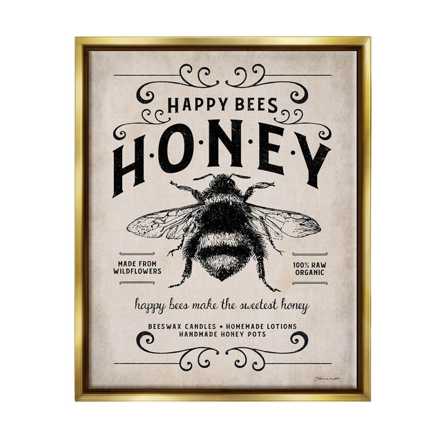Stupell Industries Honey Bee Rustic Farm Textured Word Design Gold Floater Framed Canvas Wall Art, 16 x 20
