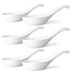 Asian Soup Spoons Set of 6, Ceramic Chinese Soup Spoons 7 Inch Japanese Spoon for Ramen Pho Dumpling Miso Wonton Noodles | Long Handle Flat Bottom Deep Oval Hook Design | White