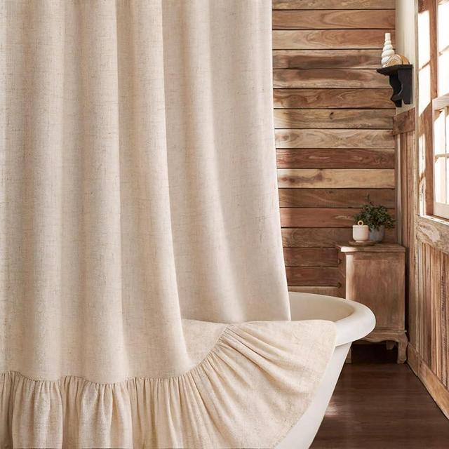 XOGUIBO Farmhouse Shower Curtain with Ruffle Hem Linen Beige Shower Curtains for Bathroom Boho Country Rustic Natural Fabric, 72" W x 72" L