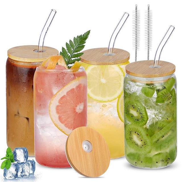 FASISOY Glass Cups with Bamboo Lids and Straws 4pcs 16oz Coffee Beer Can Glass Cups with Lids and Straws Drinking Glasses glass coffee mugs Aesthetic Cute Glass Tumbler, Coffee Bar Accessories Gifts
