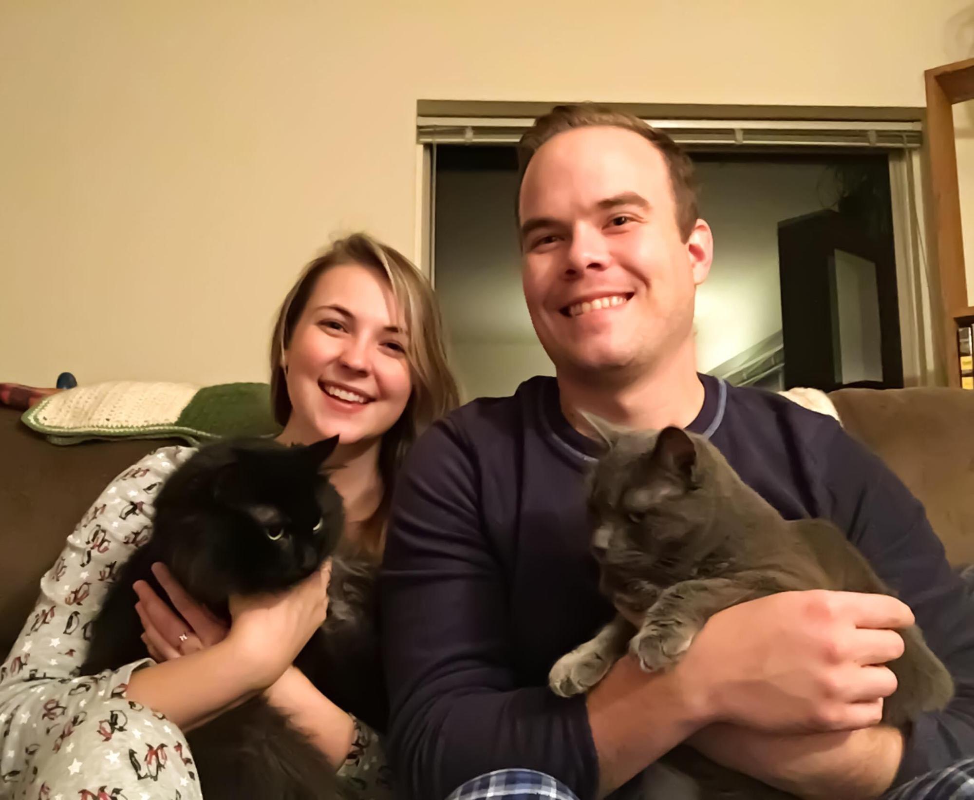Our first Christmas together! It is now an annual tradition we take a Christmas picture on the couch in our PJ's with our pets