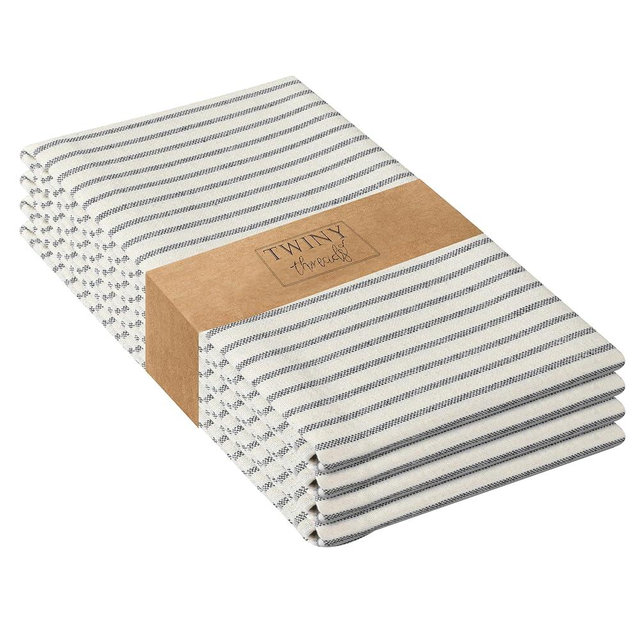 TWINY threads Set of 4 Vintage Stripe Kitchen Towels (18x26 Inches) Premium Tea Towels with Hanging Loop, Highly Absorbent 100% Cotton Bulk Kitchen Hand Towels for Drying Cleaning - Black