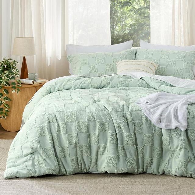 Bedsure King Size Comforter Set Sage Green, Boho Tufted Bed Set, Checkered Farmhouse Shabby Chic Bedding, 3 Pieces, 1 Plaid Geometric Comforter and 2 Pillow Shams
