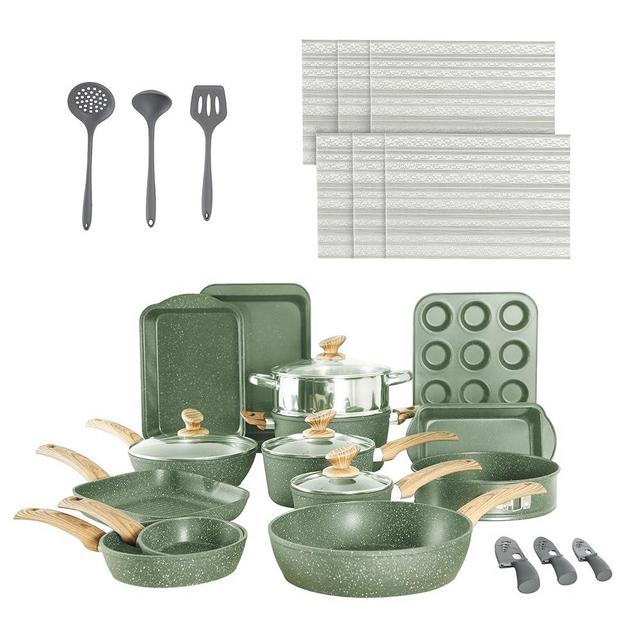 30 Piece Pots and Pans Set Non Stick, Nonstick Induction Granite Kitchen Cookware Sets, Induction Cookware and Bakeware Set, Nonstick Granite Cooking Set, Pan Sets for Cooking, Green