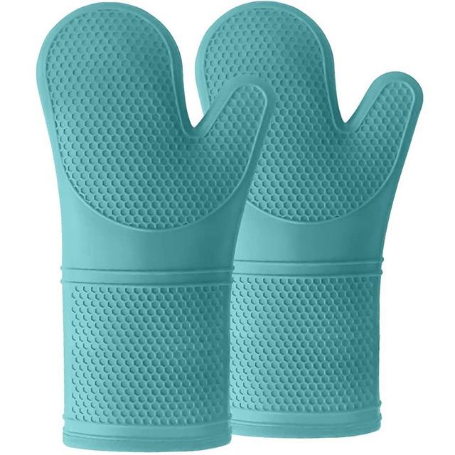 Gorilla Grip Extra Long Heat Resistant Silicone Oven Mitts Set, Soft Quilted Lining, Waterproof Flexible Glove for Cooking and BBQ, Kitchen Mitt Potholders, Easy Clean, Set of 2, 14.5 Inch, Turquoise