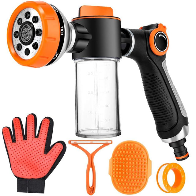 Upgrade Dog Washing Hose Attachment, 8 Spray Patterns Dog Wash with 3.5oz 100cc Soap Dispenser, Dog Washing Gloves, Dog Bath Brush, Suitable for Watering Plant, Patio, Cleaning, Showering Pet