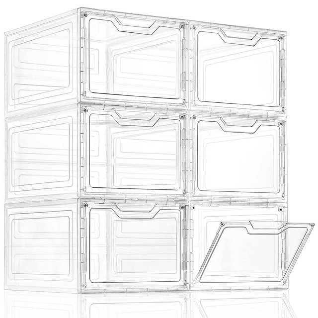 Freebat 19 Qt Storage Bins, 6-Pack Plastic Storage Containers with Magnetic Door, Stackable Clear Storage Box for Home,Office Organizing (13.4"x10.6"x7.6")