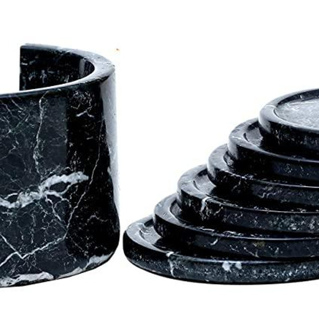 RADICALn Coaster Set Handmade Marble 3.5 Inches Black Coffee Mug Office Round Coasters Set - Kitchen Caddy Drinkware, Drinks Absorbent Coaster Sets