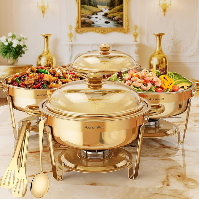All Gold Chafing Dishes for Buffet 4 Pack, 6QT, Round Stainless Steel | Food Warmers for Parties Buffet, Christmas Gatherings Stainless Steel Round Chafing Dish Buffet Set